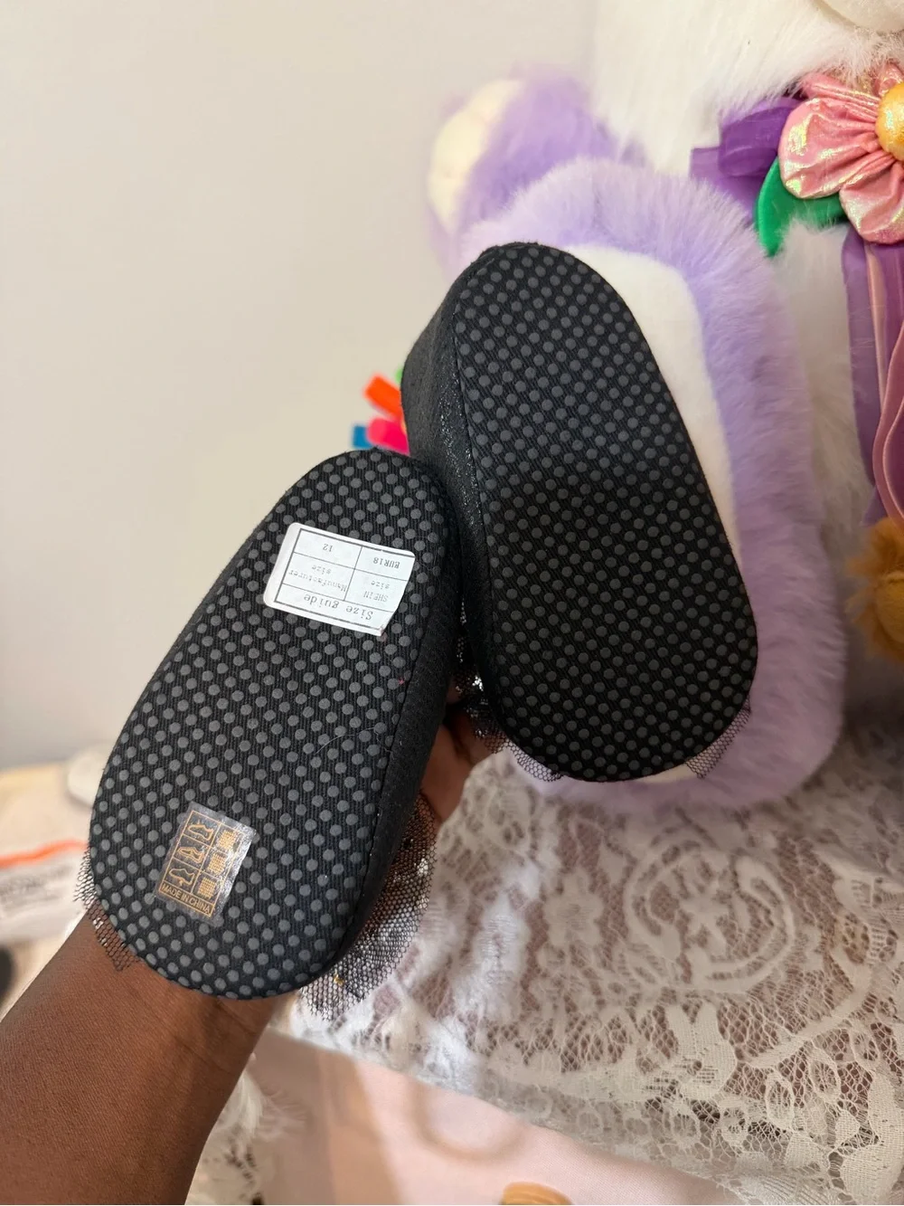 Girls Black Ballet Flats with Gold Heart and Star Tulle Accent